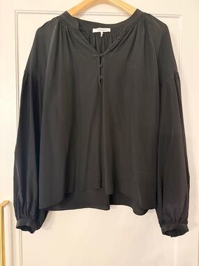 Frame Silk Black Balloon-Sleeve Peasant Top